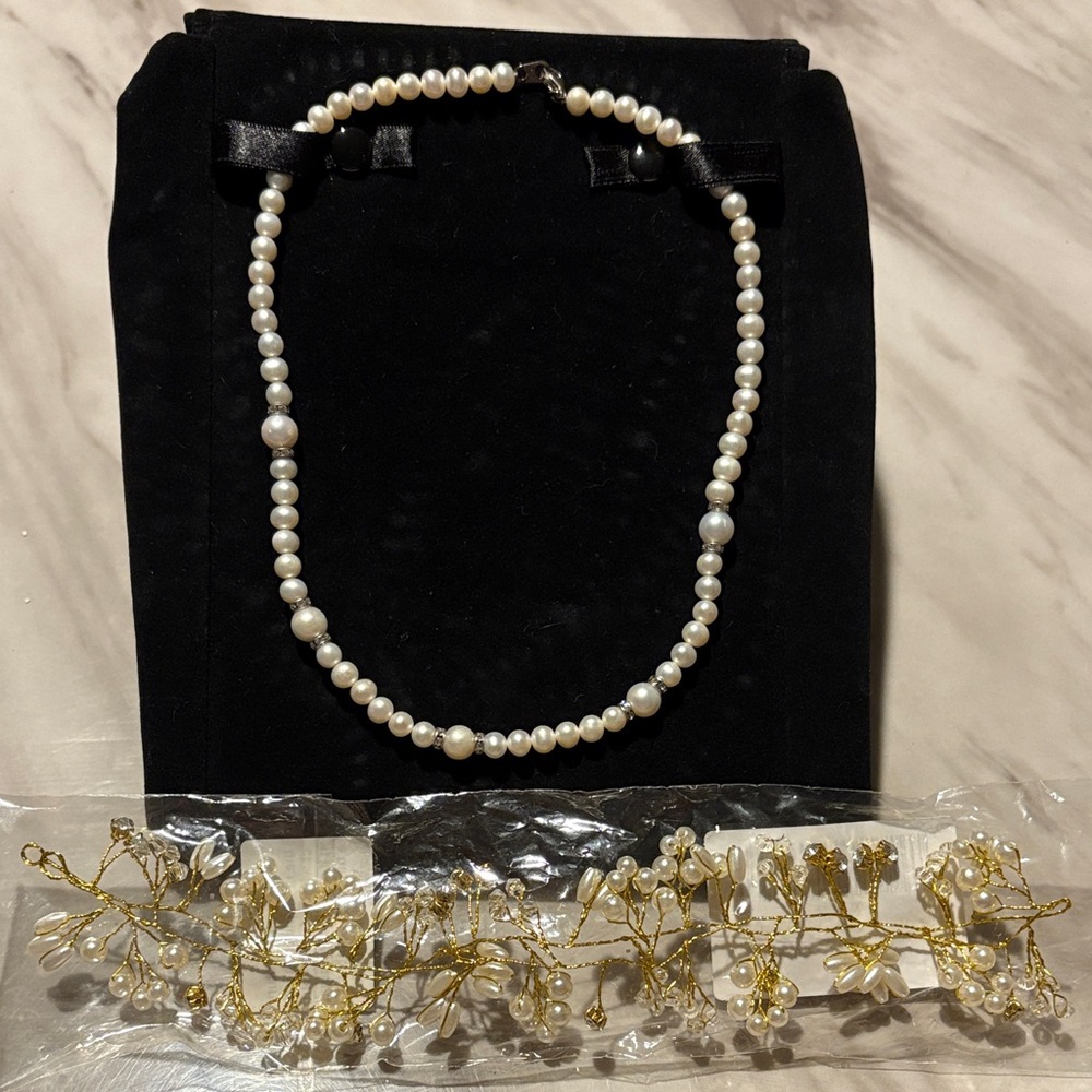 Elegant Pearl Necklace and Gold Floral Hairpiece
